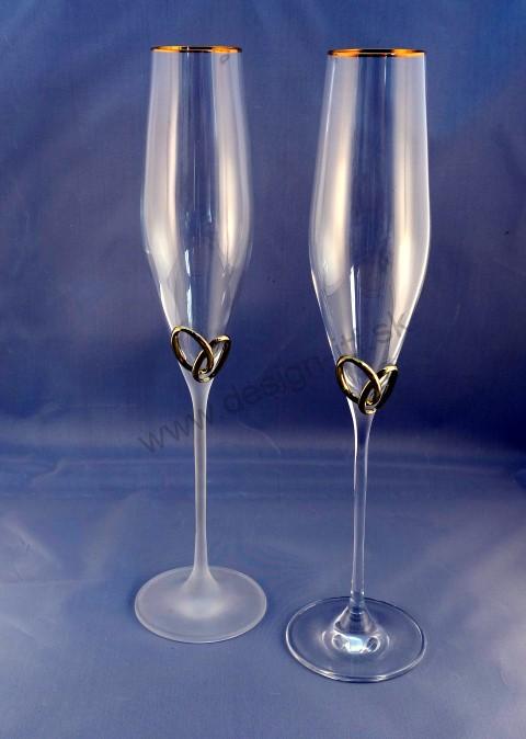 Poháre na sekt so zlatými obrúčkami, pieskovaná noha 2 ks + svadobné gravírovanie zdarma