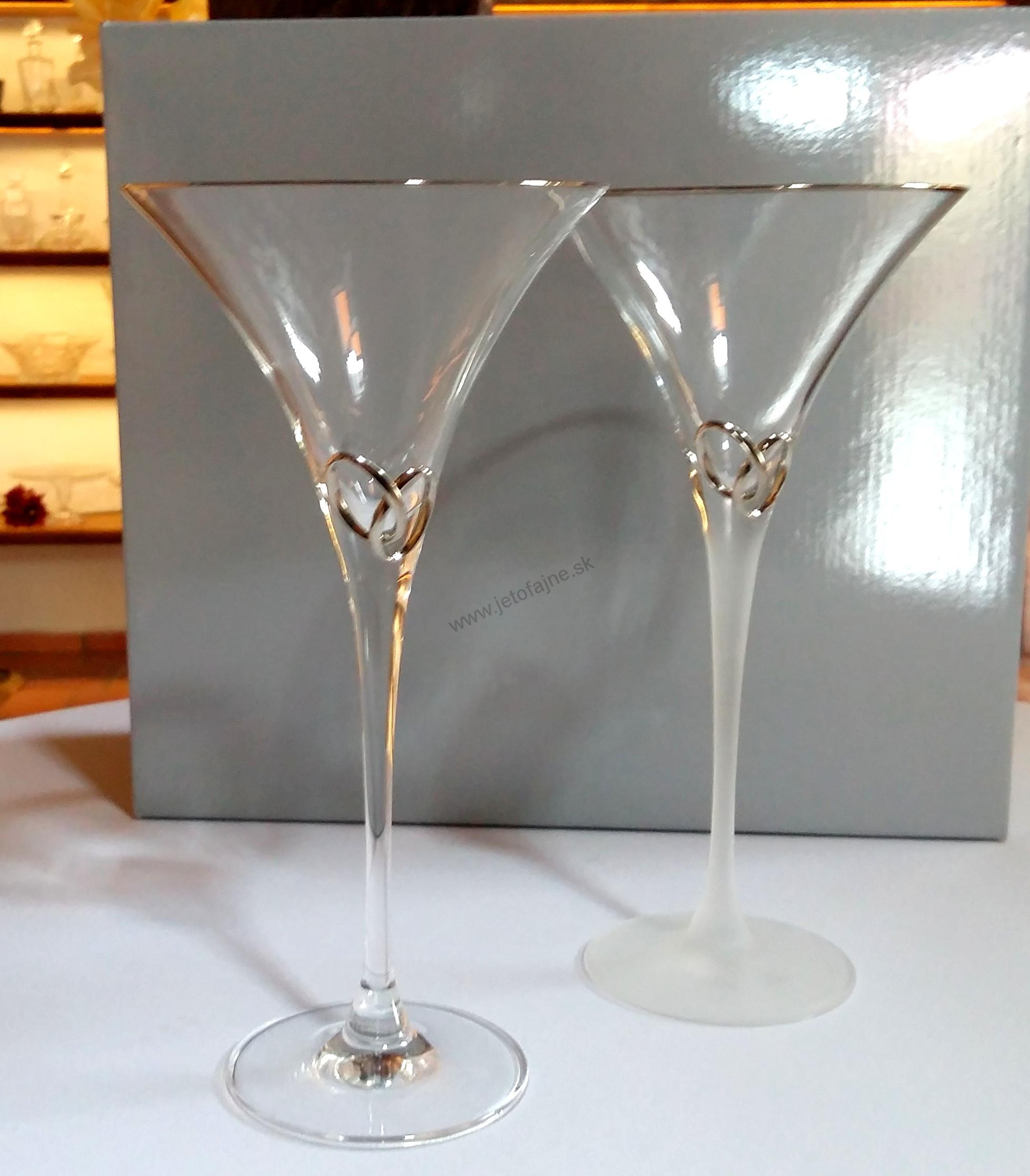 Pohár na martini so striebornými obrúčkami 2 ks + svadobné gravírovanie zdarma
